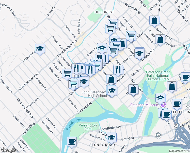 map of restaurants, bars, coffee shops, grocery stores, and more near 184 Edmund Avenue in Paterson