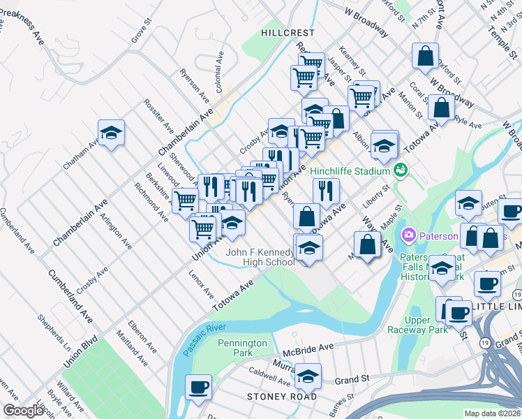 map of restaurants, bars, coffee shops, grocery stores, and more near 184 Edmund Avenue in Paterson