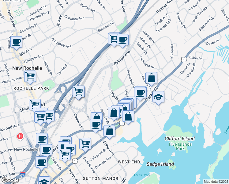 map of restaurants, bars, coffee shops, grocery stores, and more near 87 Stephenson Boulevard in New Rochelle
