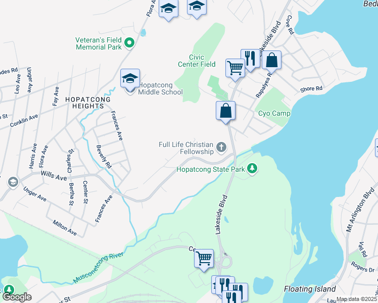 map of restaurants, bars, coffee shops, grocery stores, and more near 39 Brooklyn-Stanhope Road in Stanhope