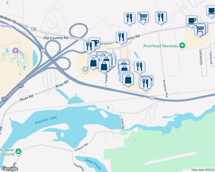 map of restaurants, bars, coffee shops, grocery stores, and more near New York State Route 25 in Riverhead