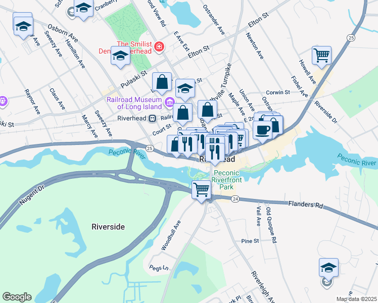 map of restaurants, bars, coffee shops, grocery stores, and more near 123 West Main Street in Riverhead