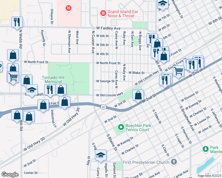 map of restaurants, bars, coffee shops, grocery stores, and more near 2300-2398 West Old Lincoln Highway in Grand Island