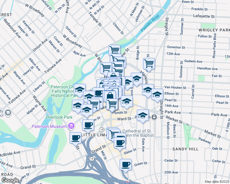 map of restaurants, bars, coffee shops, grocery stores, and more near 216 Main Street in Paterson