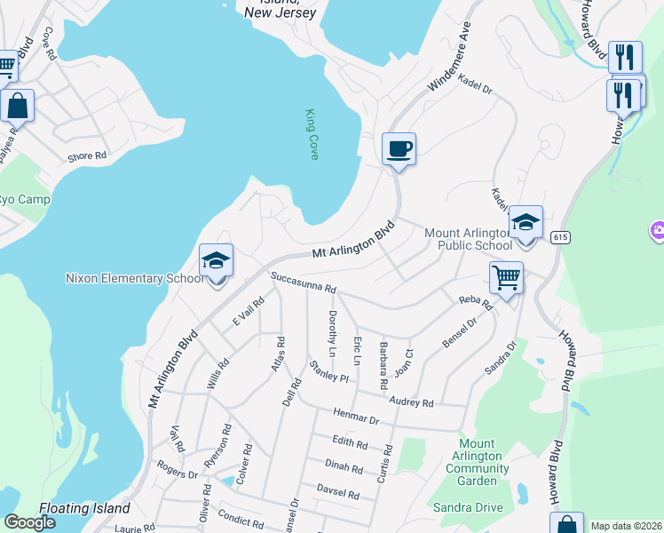 map of restaurants, bars, coffee shops, grocery stores, and more near 611 Succasunna Road in Roxbury Township