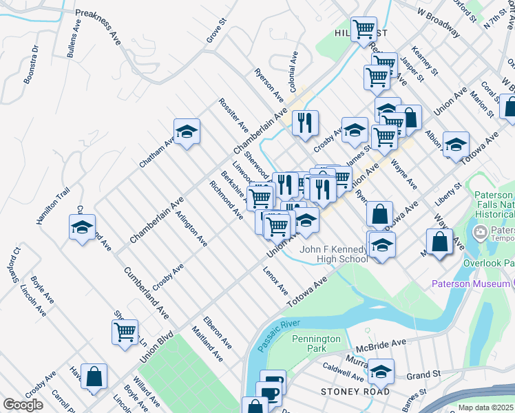 map of restaurants, bars, coffee shops, grocery stores, and more near 54 Berkshire Avenue in Paterson
