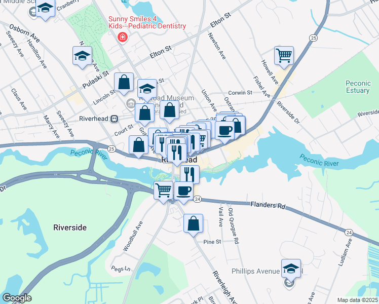 map of restaurants, bars, coffee shops, grocery stores, and more near in Riverhead