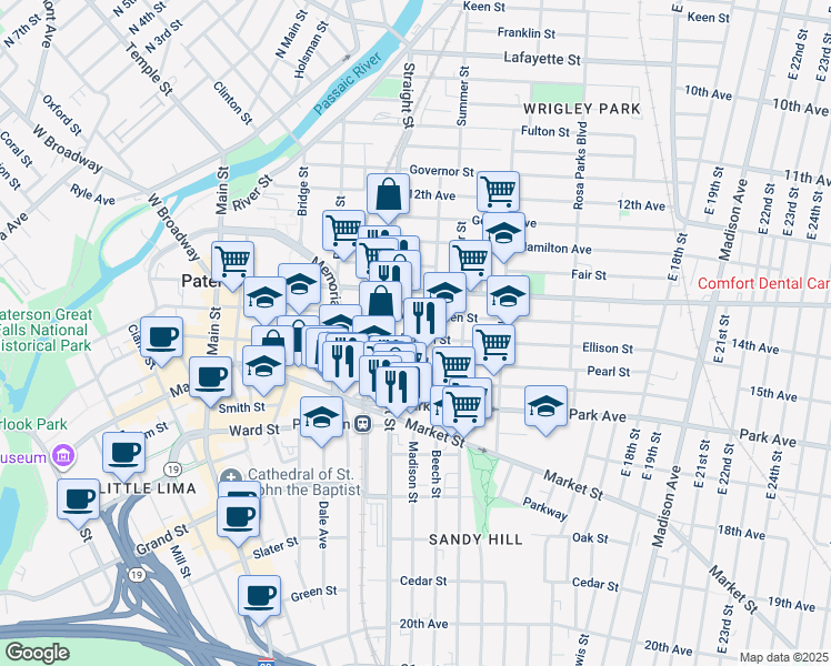map of restaurants, bars, coffee shops, grocery stores, and more near 277 Ellison Street in Paterson