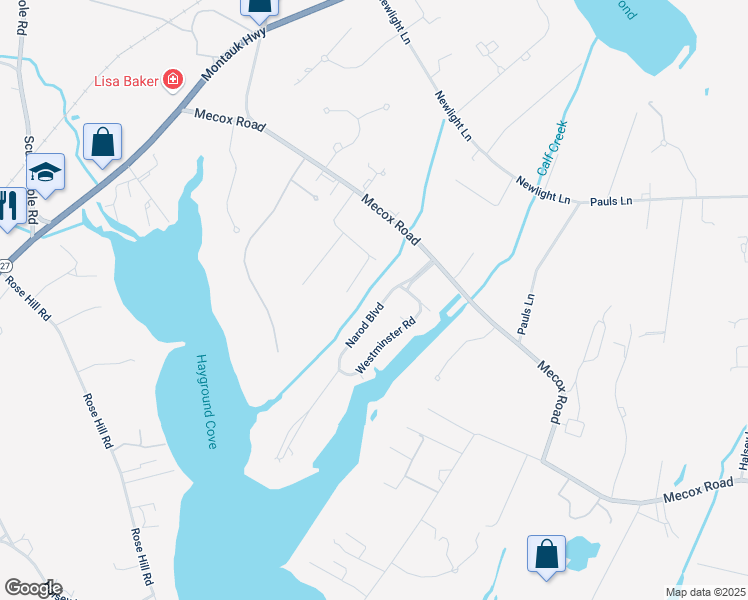 map of restaurants, bars, coffee shops, grocery stores, and more near 84 Narod Boulevard in Water Mill