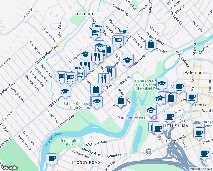 map of restaurants, bars, coffee shops, grocery stores, and more near 195 Liberty Street in Paterson