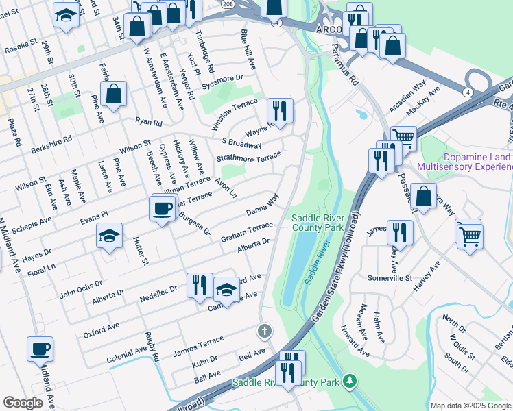 map of restaurants, bars, coffee shops, grocery stores, and more near 25 Graham Terrace in Saddle Brook