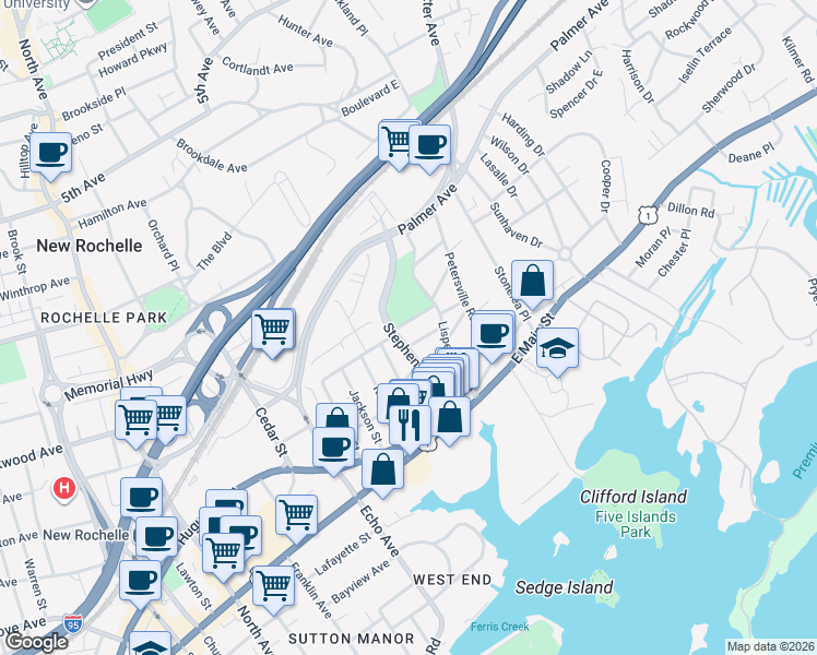 map of restaurants, bars, coffee shops, grocery stores, and more near 15 Hertford Street in New Rochelle