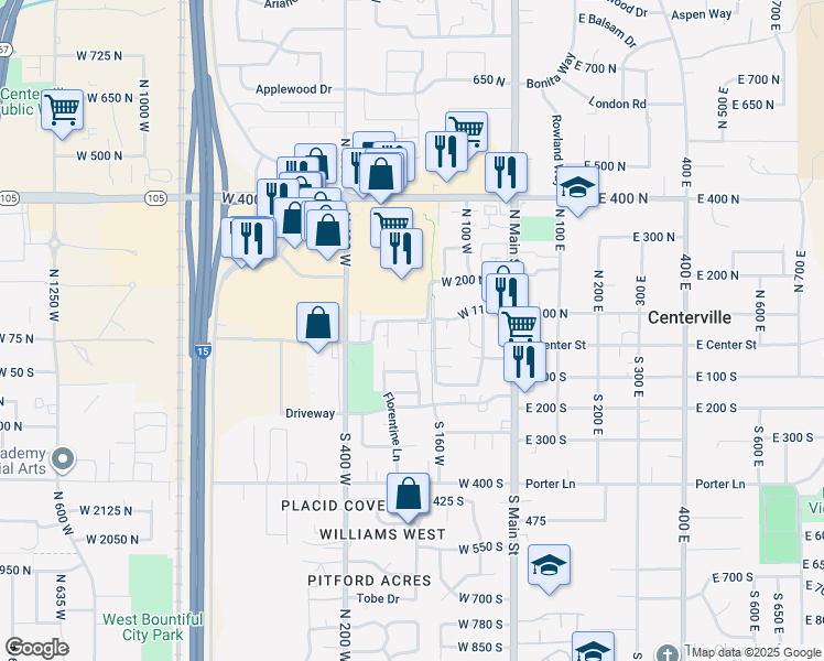 map of restaurants, bars, coffee shops, grocery stores, and more near 46 North 205 West in Centerville