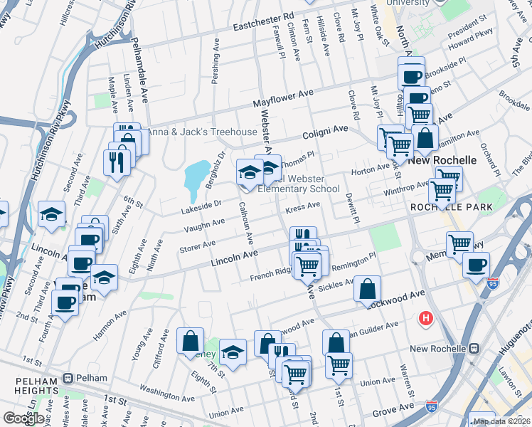 map of restaurants, bars, coffee shops, grocery stores, and more near 23 Muir Place in New Rochelle