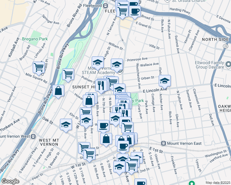 map of restaurants, bars, coffee shops, grocery stores, and more near 223 North 6th Avenue in Mount Vernon