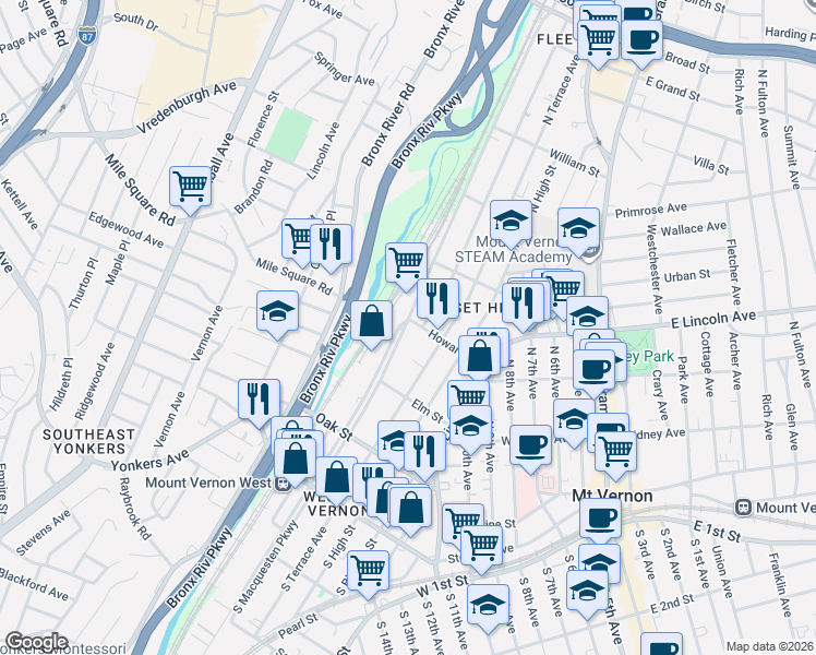map of restaurants, bars, coffee shops, grocery stores, and more near 237 North MacQuesten Parkway in Mount Vernon