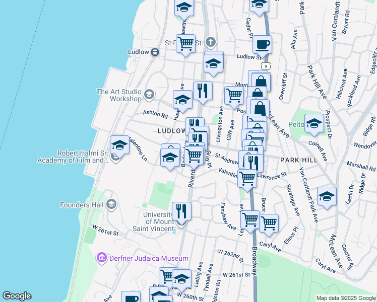 map of restaurants, bars, coffee shops, grocery stores, and more near in Yonkers