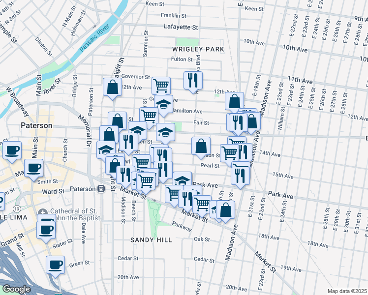 map of restaurants, bars, coffee shops, grocery stores, and more near 396 Ellison Street in Paterson