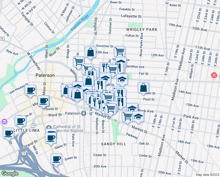 map of restaurants, bars, coffee shops, grocery stores, and more near in Paterson