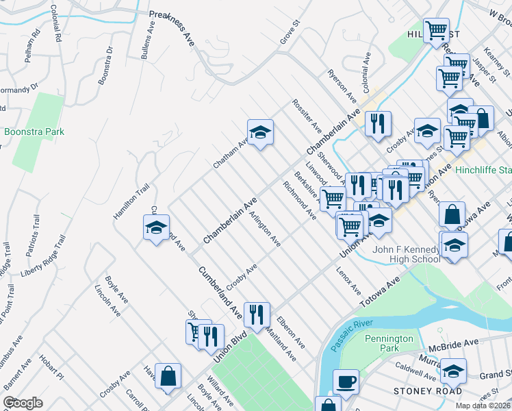 map of restaurants, bars, coffee shops, grocery stores, and more near 189 Arlington Avenue in Paterson