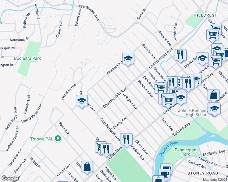 map of restaurants, bars, coffee shops, grocery stores, and more near 65 Chamberlain Avenue in Paterson