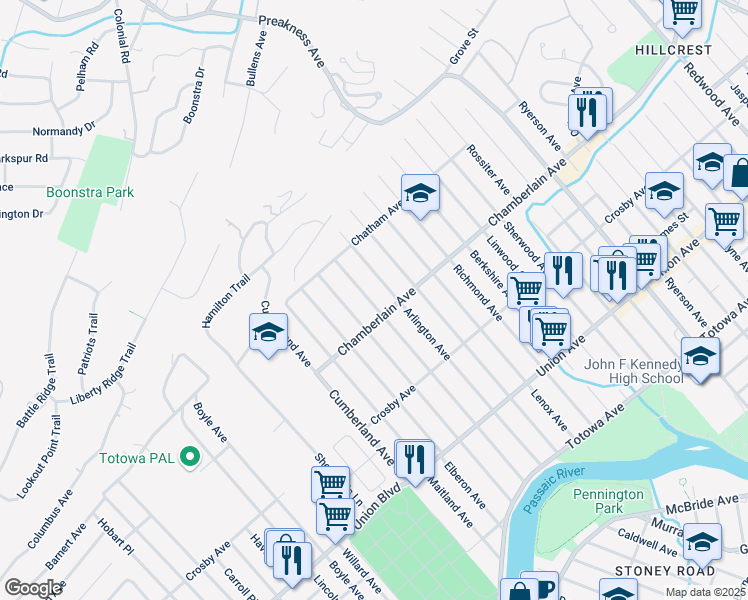 map of restaurants, bars, coffee shops, grocery stores, and more near 65 Chamberlain Avenue in Paterson