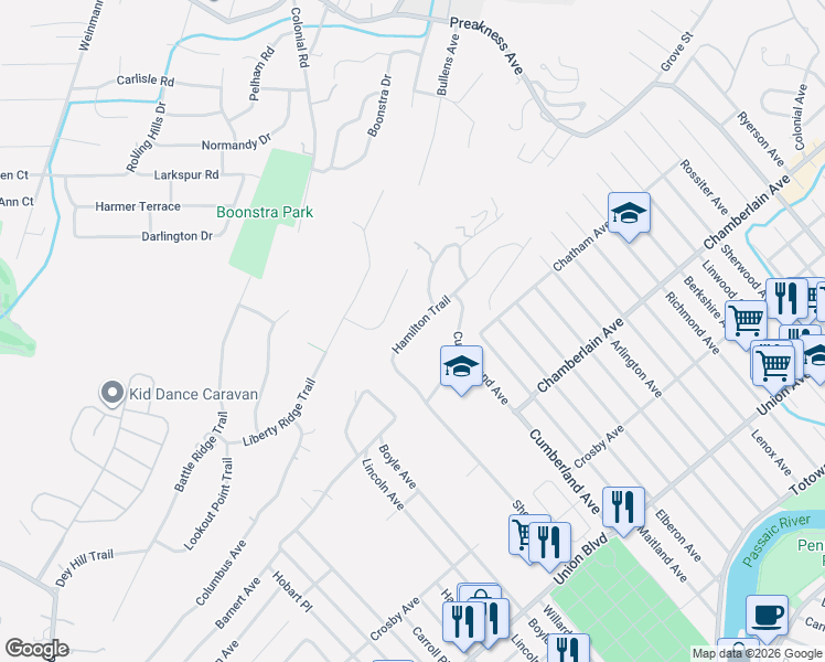 map of restaurants, bars, coffee shops, grocery stores, and more near 116 Hamilton Trail in Totowa