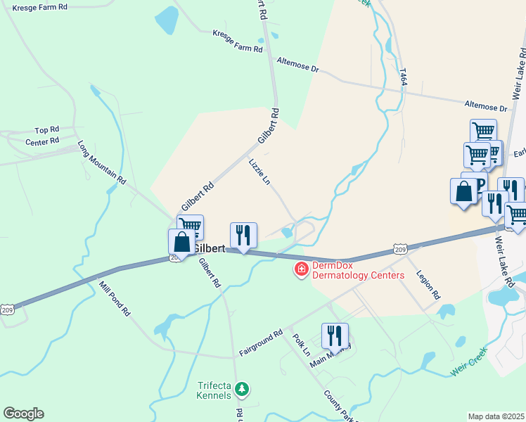 map of restaurants, bars, coffee shops, grocery stores, and more near 120 Lizzie Lane in Effort