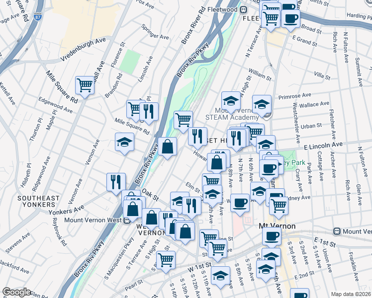 map of restaurants, bars, coffee shops, grocery stores, and more near 237 North MacQuesten Parkway in Mount Vernon