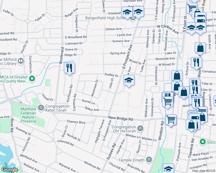 map of restaurants, bars, coffee shops, grocery stores, and more near 11 Gordon Road in Bergenfield