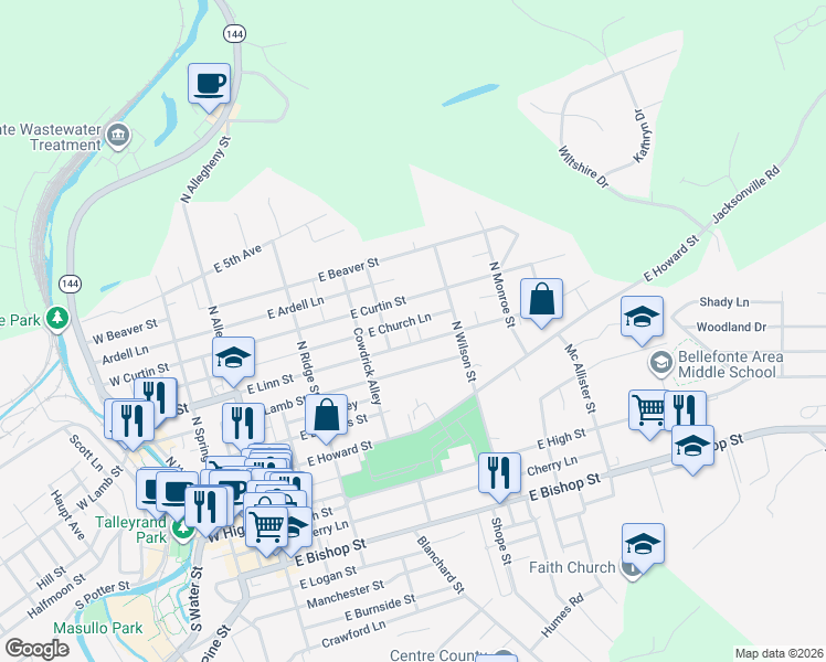 map of restaurants, bars, coffee shops, grocery stores, and more near 430 East Linn Street in Bellefonte