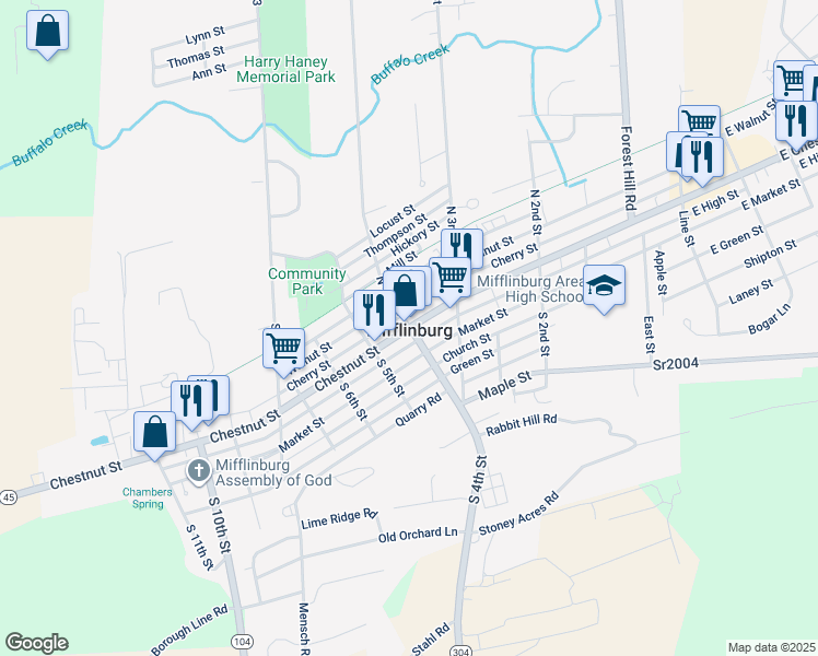 map of restaurants, bars, coffee shops, grocery stores, and more near Pennsylvania 45 in Mifflinburg