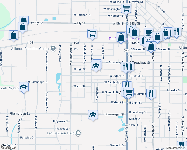 map of restaurants, bars, coffee shops, grocery stores, and more near 285 West Oxford Street in Alliance