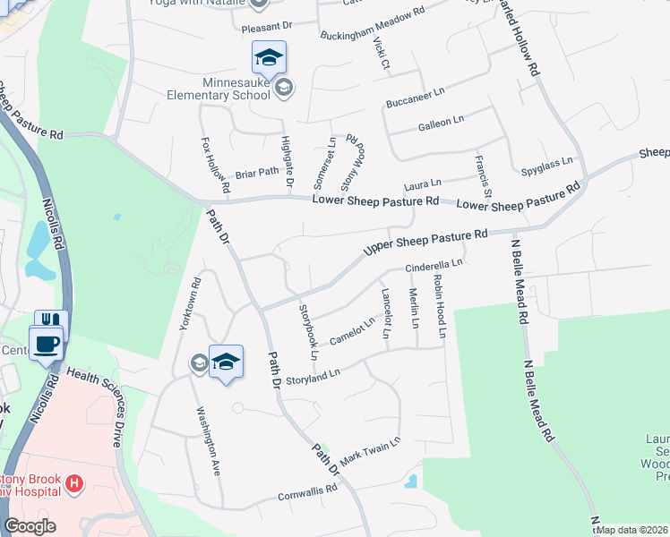 map of restaurants, bars, coffee shops, grocery stores, and more near 32 Upper Sheep Pasture Road in Setauket- East Setauket