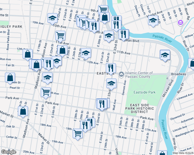 map of restaurants, bars, coffee shops, grocery stores, and more near 251 East 31st Street in Paterson