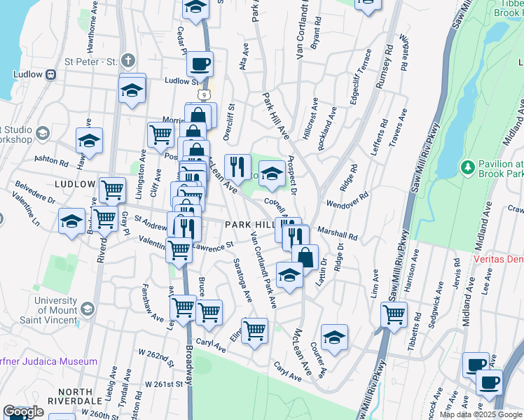 map of restaurants, bars, coffee shops, grocery stores, and more near 117 McLean Avenue in Yonkers
