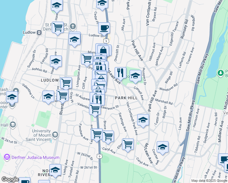 map of restaurants, bars, coffee shops, grocery stores, and more near 36 Radford Street in Yonkers