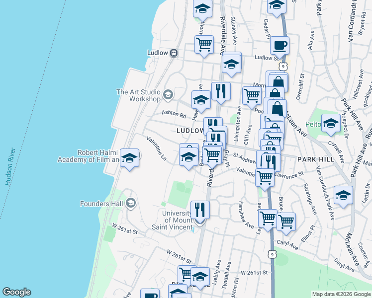 map of restaurants, bars, coffee shops, grocery stores, and more near 132 Valentine Lane in Yonkers
