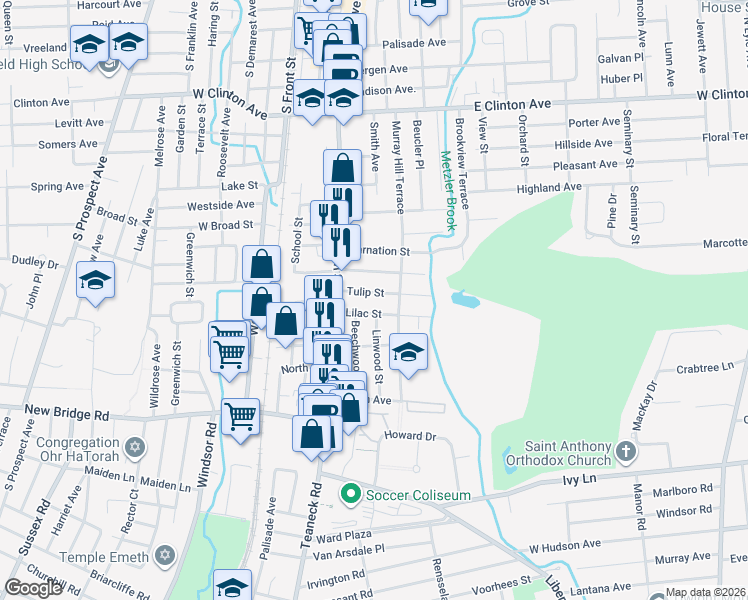 map of restaurants, bars, coffee shops, grocery stores, and more near 56 Lilac Street in Bergenfield