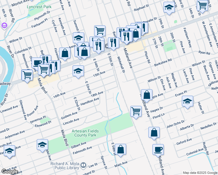 map of restaurants, bars, coffee shops, grocery stores, and more near 109 East 54th Street in Elmwood Park