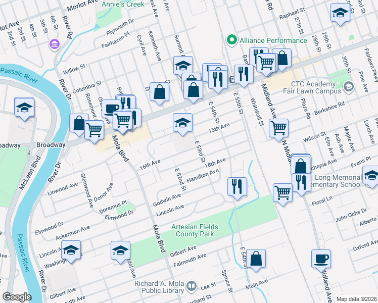 map of restaurants, bars, coffee shops, grocery stores, and more near 47 17th Avenue in Elmwood Park