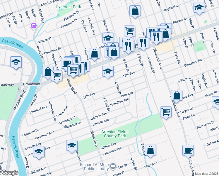 map of restaurants, bars, coffee shops, grocery stores, and more near 47 17th Avenue in Elmwood Park
