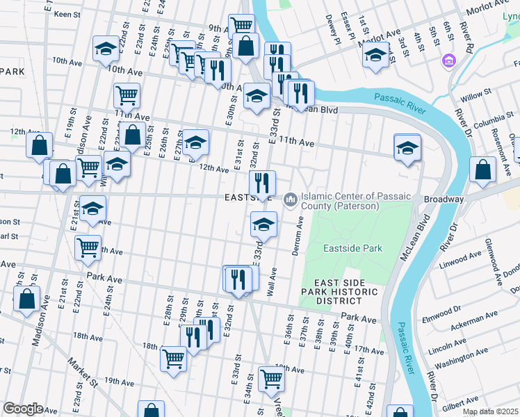 map of restaurants, bars, coffee shops, grocery stores, and more near 56-58 13th Avenue in Paterson