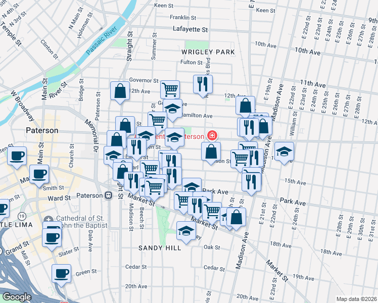 map of restaurants, bars, coffee shops, grocery stores, and more near 396 Ellison Street in Paterson
