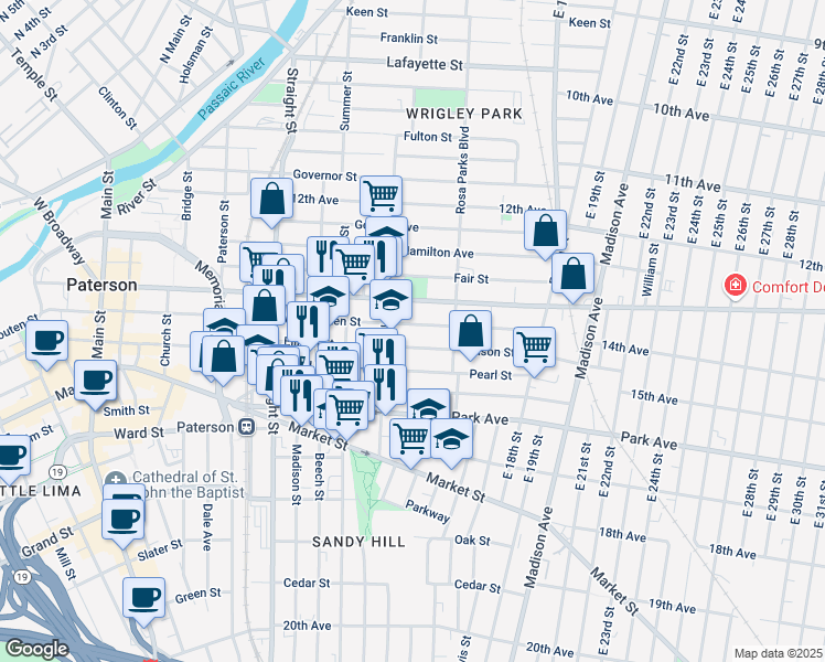 map of restaurants, bars, coffee shops, grocery stores, and more near 199 Carroll Street in Paterson