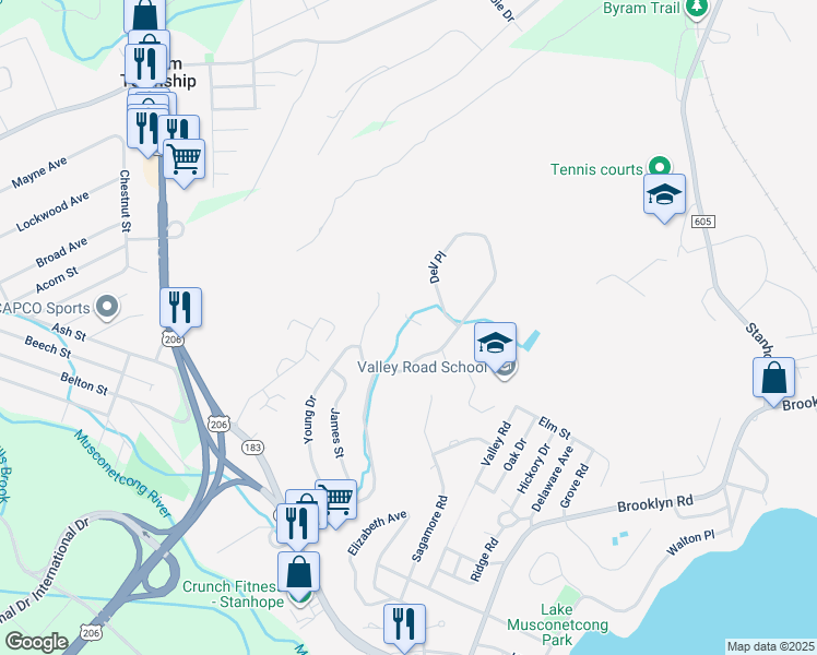 map of restaurants, bars, coffee shops, grocery stores, and more near 329 Alpine Court in Stanhope