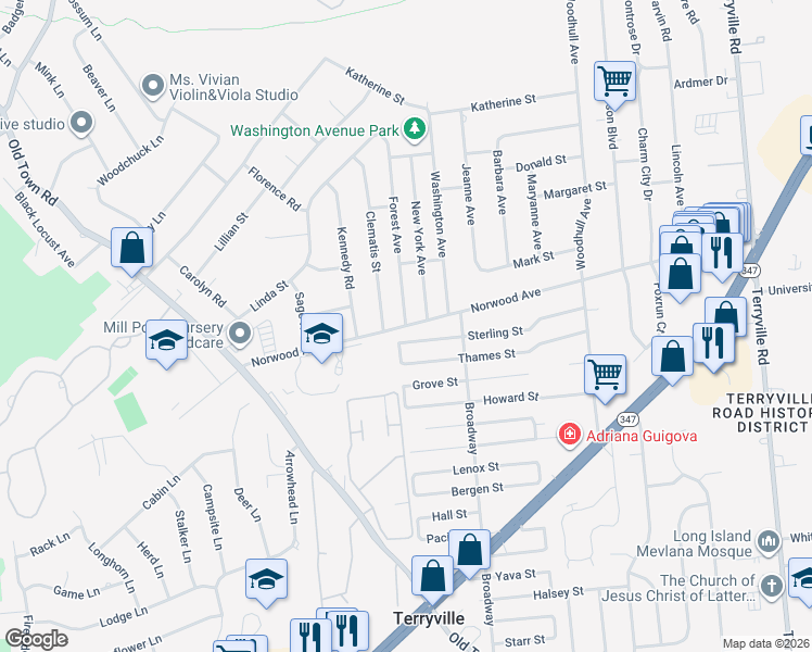map of restaurants, bars, coffee shops, grocery stores, and more near Norwood Ave & Forest Ave in Port Jefferson Station