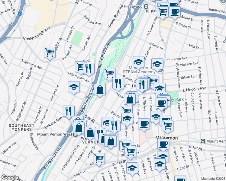 map of restaurants, bars, coffee shops, grocery stores, and more near 237 North MacQuesten Parkway in Mount Vernon