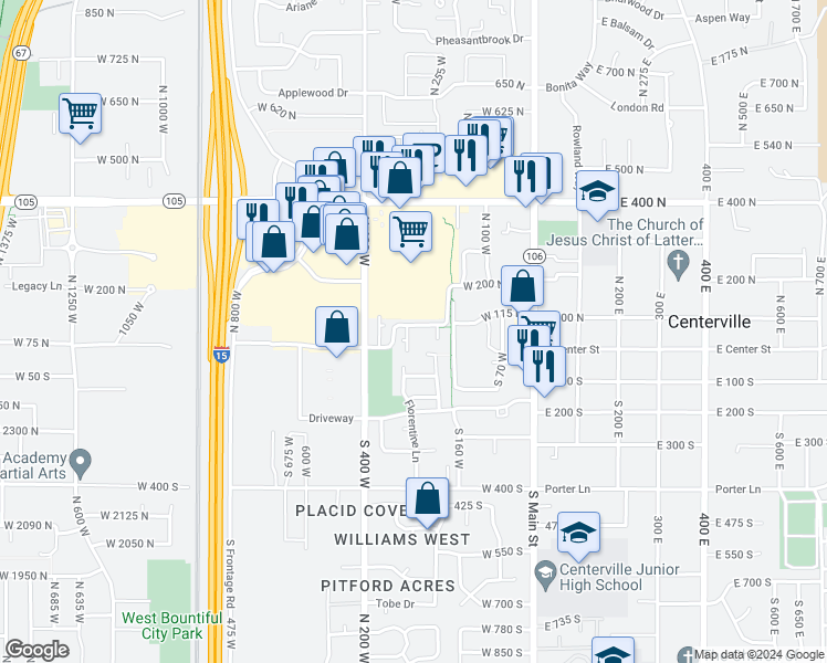 map of restaurants, bars, coffee shops, grocery stores, and more near 69 North 285 West in Centerville
