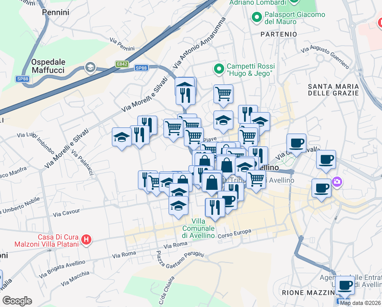 map of restaurants, bars, coffee shops, grocery stores, and more near 13 Via Tagliamento in Avellino